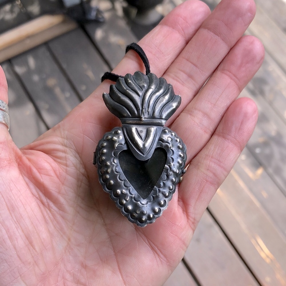 Handmade Flaming Heart Metal Locket Necklace Glass Artisan Made Sacred Vintage